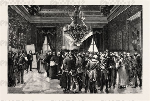 HIS EXCELLENCY THE PRESIDENT OF THE MINISTERIAL COUNCIL ANNOUNCING THE BIRTH OF THE YOUNG KING OF SPAIN AT THE ROYAL PALACE, MADRID THE ILLNESS OF THE INFANT KING OF SPAIN, engraving 1890