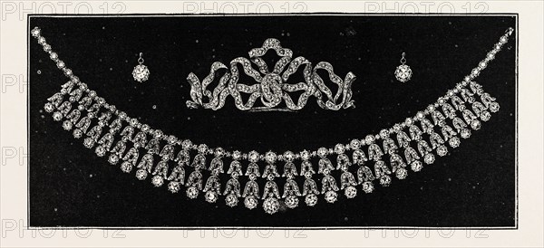 DIAMOND TIARA, NECKLACE, AND EAR RINGS PRESENTED TO HER EXCELLENCY LADY LOCH BY THE LADIES OF VICTORIA, engraving 1890