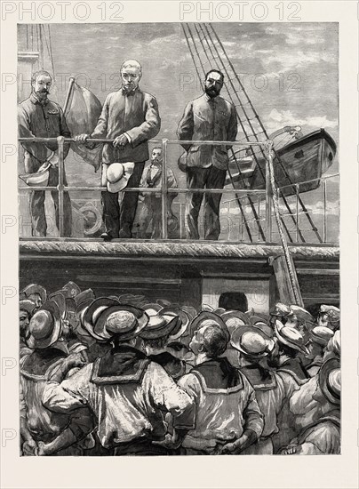 STANLY ARRIVES AT ZANZIBAR,  MY WORK IN THIS DARK CONTINENT IS, TRUST, NOT YET FINISHED, TANZANIA, engraving 1890