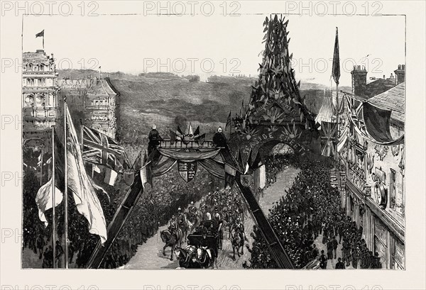 BOURNEMOUTH, THE ROYAL PROCESSION PASSING UNDER THE EIFFEL TOWER FROM THE GARDENS, engraving 1890, UK, U.K., Britain, British, Europe, United Kingdom, Great Britain, European