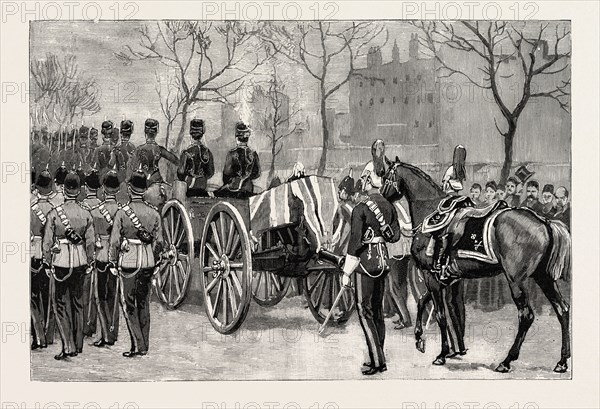 THE FUNERAL OF LORD NAPIER OF MAGDALA, THE BODY BEING REMOVED FROM THE TOWER, ESCORTED BY NON COMMISSIONED OFFICERS OF THE ROYAL ENGINEERS, engraving 1890, UK, U.K., Britain, British, Europe, United Kingdom, Great Britain, European