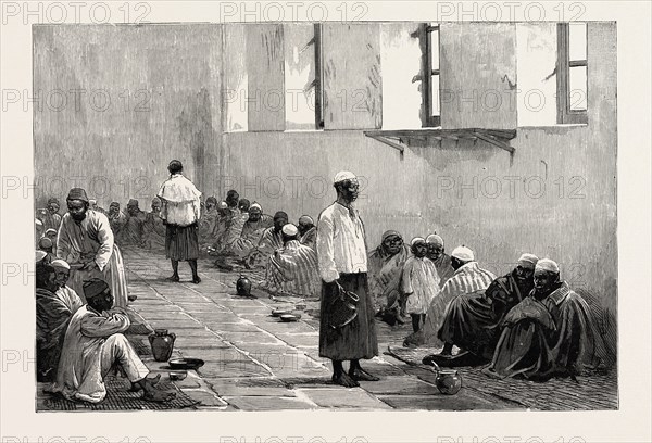 EMIN PASHA'S PEOPLE  AT HOME IN THE ABBASSIYEH BARRACKS, CAIRO, EGYPT, engraving 1890