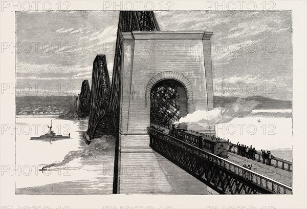 RUNNING THE FIRST TRAIN OVER THE NEW FORTH BRIDGE, engraving 1890, UK, U.K., Britain, British, Europe, United Kingdom, Great Britain, European