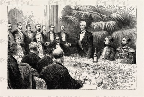 BANQUET GIVEN BY THE EGYPTIAN GOVERNMENT AT CAIRO IN HONOUR OF MR. STANLEY'S ARRIVAL, EGYPT, engraving 1890