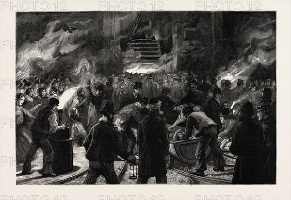 Colliery explosion at LLanerch, Monmouthshire, THE MIDNIGHT SHIFT WAITING TO DESCEND THE SHAFT TO RECOVER BODIES, engraving 1890, UK, U.K., Britain, British, Europe, United Kingdom, Great Britain, European