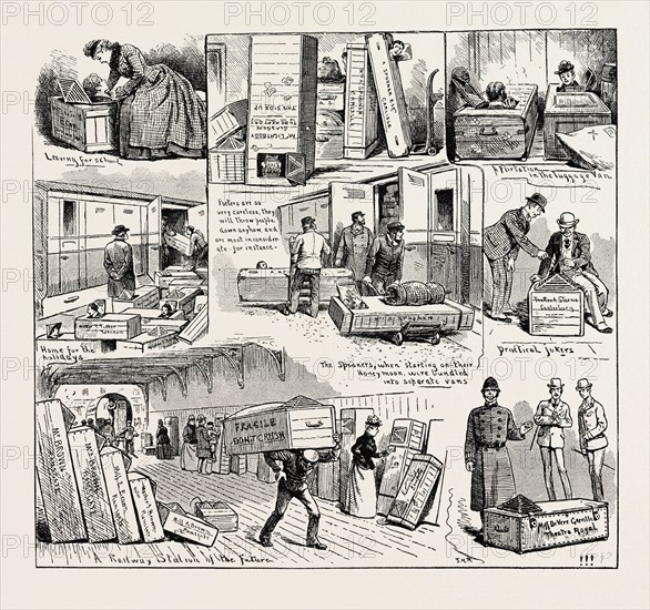 A NEW MODE OF TRAVELLING, WHAT MAY HAPPEN IF THE VIENNA TAILOR'S PLAN IS GENERALLY ADOPTED, engraving 1890