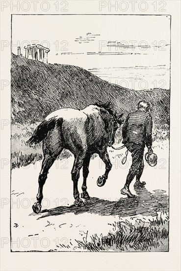 A MORNING RIDE IN ATHENS, GREECE, But my zest for the excursion has gone, and I turn and sadly retrace my way, leading my steed, whose saddle I now discover, for the first time, is missing!, engraving 1890