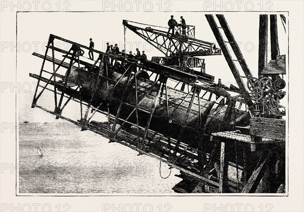 THE OPENING OF FORTH BRIDGE BY THE PRINCE OF WALES, BOTTOM MEMBER OF CANTILEVER IN COURSE OF CONSTRUCTION, SHOWING CAGE FOR BUILDING AND RIVETTING, engraving 1890, UK, U.K., Britain, British, Europe, United Kingdom, Great Britain, European