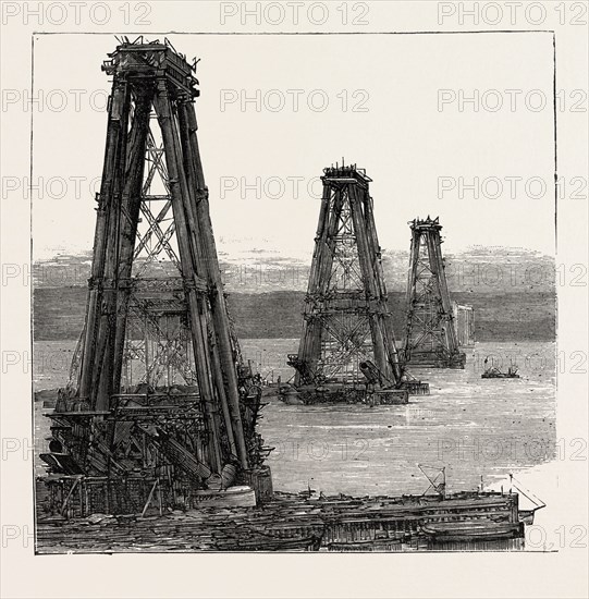 THE FORTH BRIDGE, THE CANTILEVER TOWERS IN COURSE OF CONSTRUCTION, engraving 1890, UK, U.K., Britain, British, Europe, United Kingdom, Great Britain, European