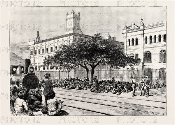THE CHIN-LUSHAI EXPEDITION, THE MEEAN MIR COOLIE CORPS AT CALCUTTA WAITING TO BE SHIPPED, INDIA, engraving 1890
