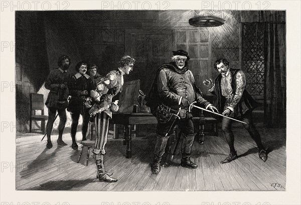 SCENE FROM THE PERFORMANCE OF HENRY IV., PART I., BY THE IRVING DRAMATIC CLUB AT THE LYCEUM THEATRE FALSTAFF, Mr. Augustus Littleton, My sword hacked like a handsaw, ecce signum, Act II, Sc. 4., engraving 1890