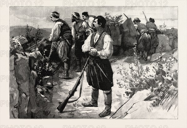 THE TROUBLES IN CRETE, INSURGENTS IN A MOUNTAIN FASTNESS ON THE LOOK OUT FOR THE TURKISH TROOPS, GREECE, engraving 1890