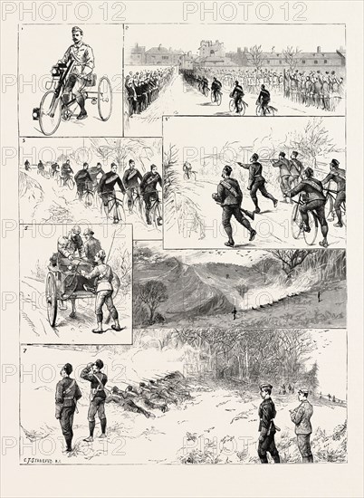 WITH THE ROYAL MARINE CYCLISTS FROM WALMER TO THE BATTLE OF TOLSFORD HILL, FROM SKETCHES BY OUR SPECIAL ARTIST WITH THE FOLKESTONE DIVISION, engraving 1890