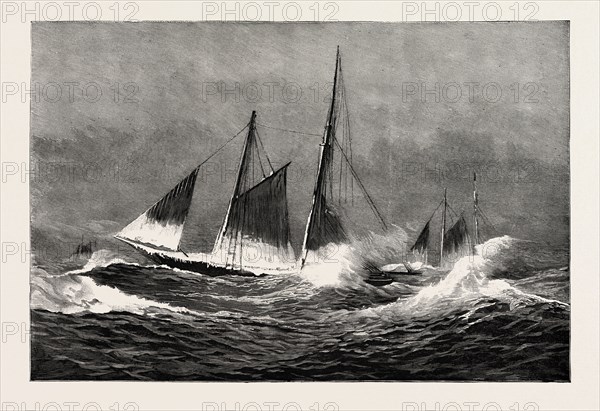 THE AMERICAN FISHERIES QUESTION, FISHING SCHOONER ICING UP IN A WINTER GALE, US, USA, America, United States, engraving 1890
