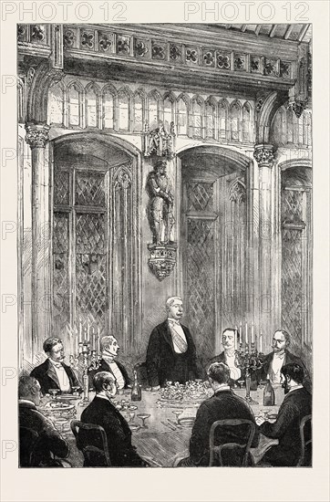 THE EXPLORER SPEAKING AT THE BANQUET GIVEN IN HIS HONOUR BY THE BURGOMASTER  AT THE TOWN HALL, MR. STANLEY AT BRUSSELS, BELGIUM, engraving 1890