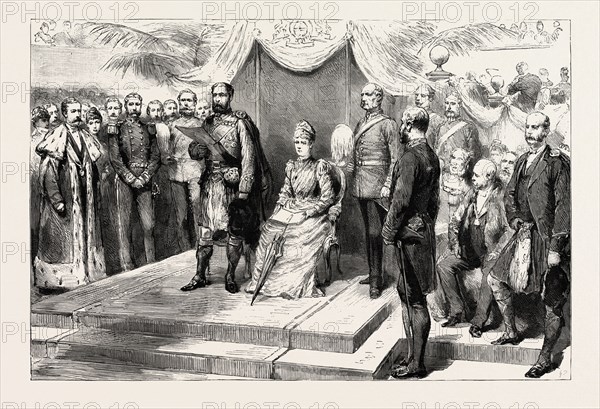 THE OPENING OF THE EDINBURGH EXHIBITION BY H. R. H. THE DUKE OF EDINBURGH, engraving 1890, UK, U.K., Britain, British, Europe, United Kingdom, Great Britain, European