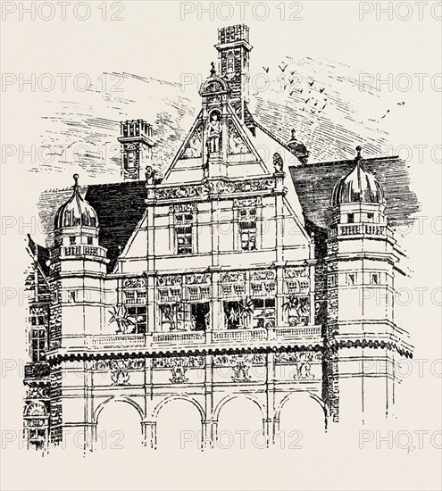 THE IMPERIAL INSTITUTE, LONDON, UPPER PART OF EAST AND WEST WINGS, engraving 1890, UK, U.K., Britain, British, Europe, United Kingdom, Great Britain, European