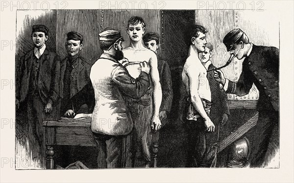 STOKERS FOR THE BRITISH NAVY, CANDIDATES PASSING THE DOCTOR, engraving 1890, UK, U.K., Britain, British, Europe, United Kingdom, Great Britain, European