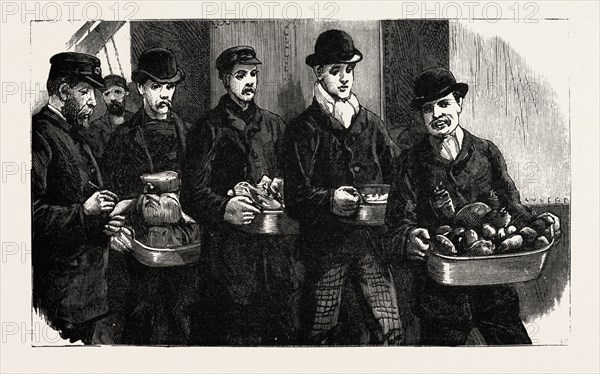 STOKERS FOR THE BRITISH NAVY, NEWLY JOINED MEN DRAWING THEIR RATIONS, engraving 1890, UK, U.K., Britain, British, Europe, United Kingdom, Great Britain, European