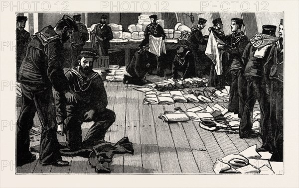 STOKERS FOR THE BRITISH NAVY, KITTING THE NEW HANDS UP, engraving 1890, UK, U.K., Britain, British, Europe, United Kingdom, Great Britain, European