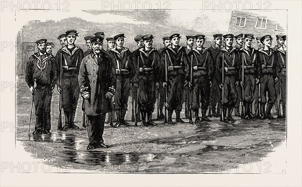 STOKERS FOR THE BRITISH NAVY, TRAINING-CLASS-LEARNING THE USE OF THE RIFLE, engraving 1890, UK, U.K., Britain, British, Europe, United Kingdom, Great Britain, European