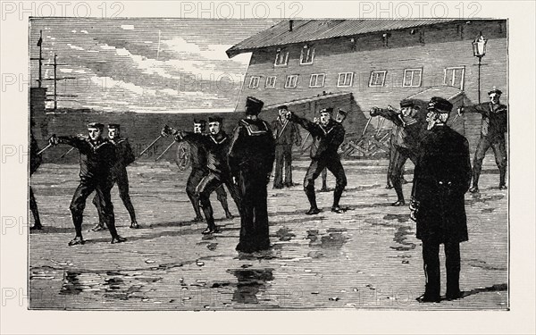 STOKERS FOR THE BRITISH NAVY, CUTLASS DRILL, engraving 1890, UK, U.K., Britain, British, Europe, United Kingdom, Great Britain, European