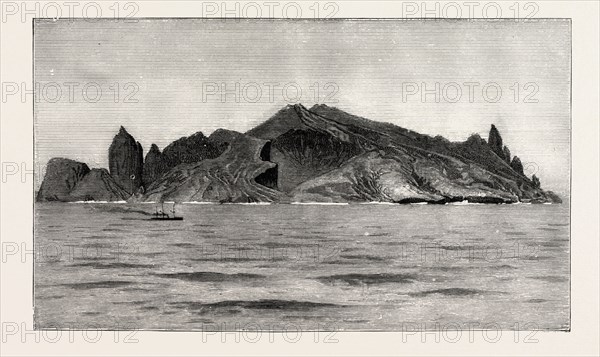 TRINIDAD ISLAND, RECENTLY EXPLORED FOR TREASURE SUPPOSED TO HAVE BEEN HIDDEN BY PIRATES, engraving 1890