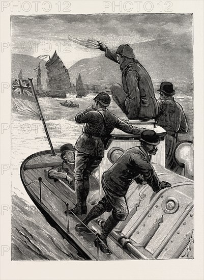 FROM HONG KONG TO MACAO IN A TORPEDO BOAT, THE START BIDDING ADIEU, engraving 1890, engraved image, history, arkheia, illustrative technique, engravement, engraving, victorian, Arts, Culture, 19th Century Style, Retro Styled, Vintage, retro, nineteenth century engraving, historic art