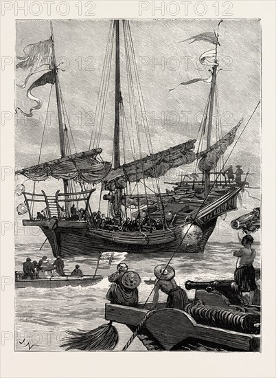 FROM HONG KONG TO MACAO IN A TORPEDO BOAT, CLOSE QUARTERS, engraving 1890, engraved image, history, arkheia, illustrative technique, engravement, engraving, victorian, Arts, Culture, 19th Century Style, Retro Styled, Vintage, retro, nineteenth century engraving, historic art