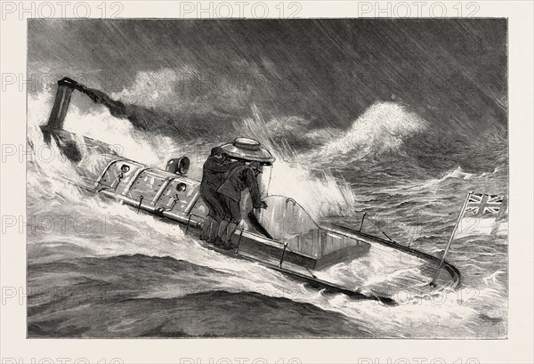 FROM HONG KONG TO MACAO IN A TORPEDO BOAT, FULL SPEED THROUGH A GALE, AN ATTEMPT TO OBTAIN SHELTER, engraving 1890, engraved image, history, arkheia, illustrative technique, engravement, engraving, victorian, Arts, Culture, 19th Century Style, Retro Styled, Vintage, retro, nineteenth century engraving, historic art