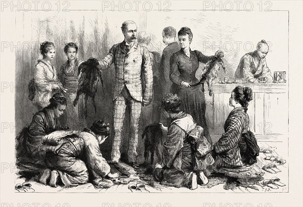 WITH THE DUKE AND DUCHESS OF CONNAUGHT IN JAPAN, THE DUKE BUYING FURS AT NIKKO, engraving 1890, engraved image, history, arkheia, illustrative technique, engravement, engraving, victorian, Arts, Culture, 19th Century Style, Retro Styled, Vintage, retro, nineteenth century engraving, historic art