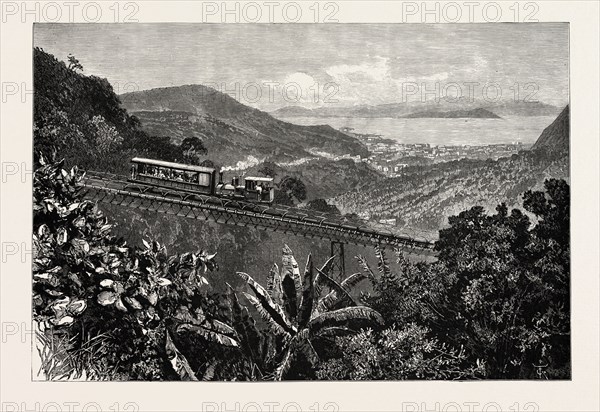 RIO DE JANEIRO, RAILWAY TO THE SUMMIT OF CORCOVADO, CITY AND HARBOUR OF RIO IN THE DISTANCE,, engraving 1890, engraved image, history, arkheia, illustrative technique, engravement, engraving, victorian, Arts, Culture, 19th Century Style, Retro Styled, Vintage, retro, nineteenth century engraving, historic art