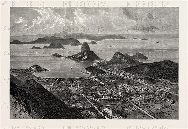 RIO DE JANEIRO, VIEW FROM THE SUMMIT OF CORCOVADO, SHOWING THE SUBURB OF BOTAFOGO, ENTRANCE OF THE HARBOUR, AND THE SUGAR LOAF MOUNTAIN VIEWS IN RIO DE JANEIRO, SOUTH AMERICA, engraving 1890, engraved image, history, arkheia, illustrative technique, engravement, engraving, victorian, Arts, Culture, 19th Century Style, Retro Styled, Vintage, retro, nineteenth century engraving, historic art