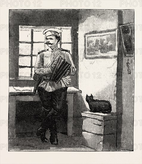 IMAGE AT KHARSAKOV, SAGHALIEN, EASTERN SIBERIA, KORSAKOV, KORSAKOVSKY DISTRICT OF SAKHALIN OBLAST, RUSSIA,  AN OGRE, THE CORPORAL IN CHARGE AMUSES HIMSELF WITH THE CONCERTINA, engraving 1890, engraved image, history, arkheia, illustrative technique, engravement, engraving, victorian, Arts, Culture, 19th Century Style, Retro Styled, Vintage, retro, nineteenth century engraving, historic art