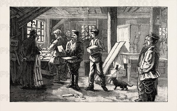 IMAGE AT KHARSAKOV, SAGHALIEN, EASTERN SIBERIA, KORSAKOV, KORSAKOVSKY DISTRICT OF SAKHALIN OBLAST, RUSSIA,  CARPENTERS  SHOP, engraving 1890, engraved image, history, arkheia, illustrative technique, engravement, engraving, victorian, Arts, Culture, 19th Century Style, Retro Styled, Vintage, retro, nineteenth century engraving, historic art