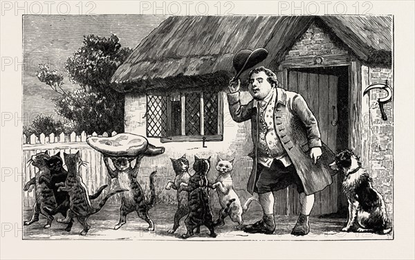 For the care of his lamb, and their comical pranks, He gave them a ham, and abundance of thanks.  I wish you good day, my fine fellows, said he, My compliments, pray, to Dame Wiggins of Lee, engraving 1890, engraved image, history, arkheia, illustrative technique, engravement, engraving, victorian, Arts, Culture, 19th Century Style, Retro Styled, Vintage, retro, nineteenth century engraving, historic art