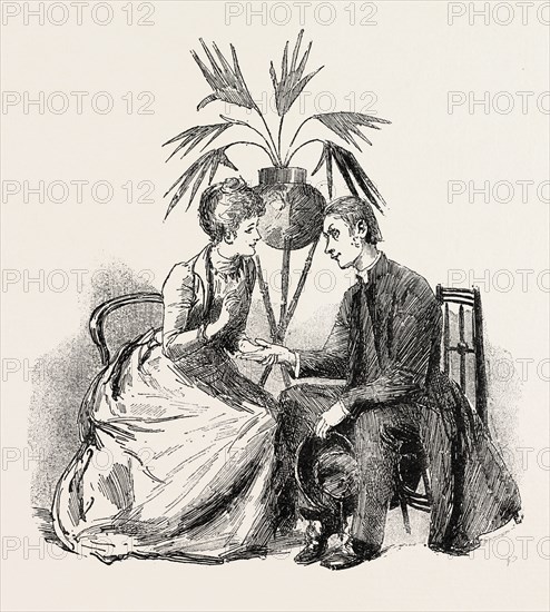 Our curate arranges with my pretty cousin to tell fortunes by palmistry at his Bazaar, engraving 1890, engraved image, history, arkheia, illustrative technique, engravement, engraving, victorian, Arts, Culture, 19th Century Style, Retro Styled, Vintage, retro, nineteenth century engraving, historic art