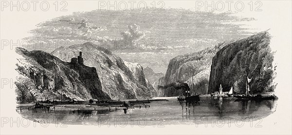 Timber Raft on the Rhine. Germany, 19th century engraving