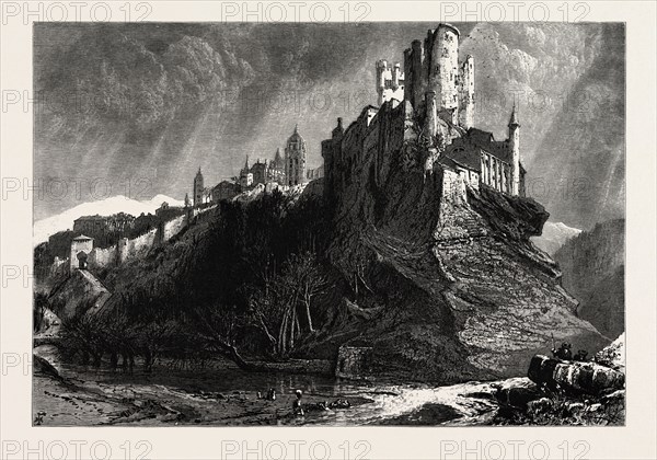 RIVER, AT, SEGOVIA, AND, ALCAZAR, SPAIN, 19th century engraving