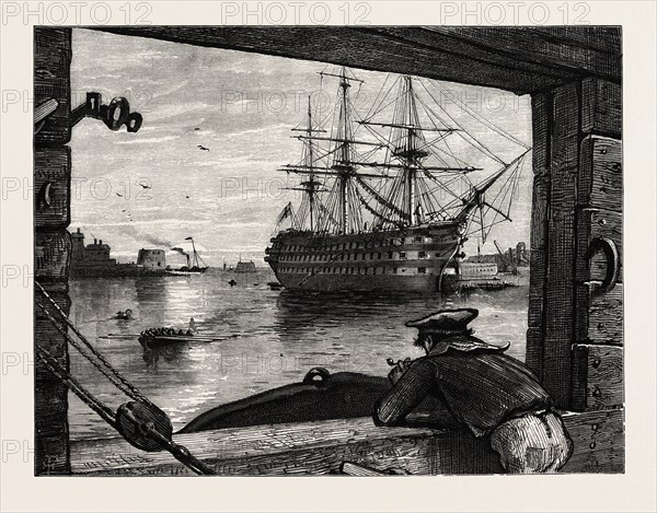 The Victory, UK, U.K., Britain, British, Europe, United Kingdom, Great Britain, European, maritime, boat, vessel, sailor, 19th century engraving