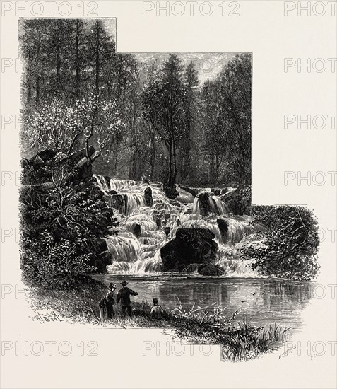 The Cascade, Virginia Water, Windsor, UK, U.K., Britain, British, Europe, United Kingdom, Great Britain, European, 19th century engraving