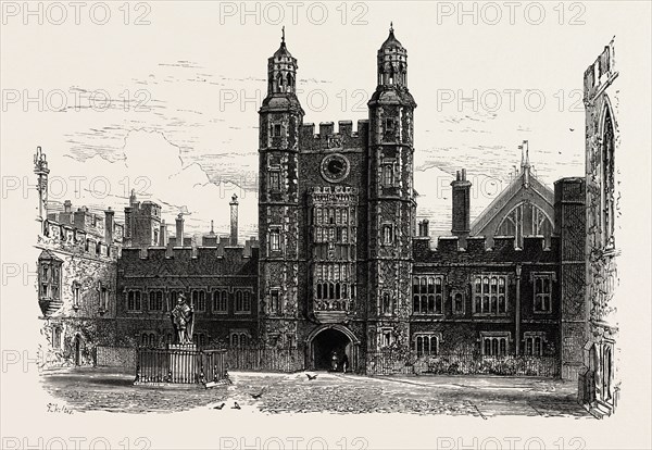 Interior of the Quadrangle, Eton College, UK, U.K., Britain, British, Europe, United Kingdom, Great Britain, European, 19th century engraving