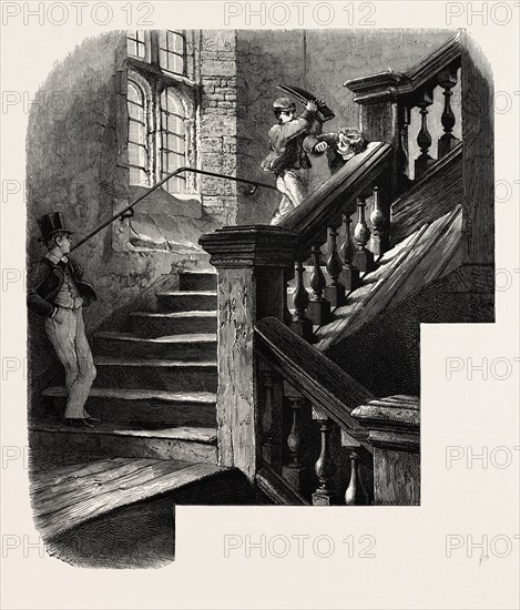 The school staircase, Eton, UK, U.K., Britain, British, Europe, United Kingdom, Great Britain, European, 19th century engraving