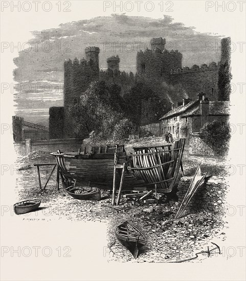 Conway castle, UK, U.K., Britain, British, Europe, United Kingdom, Great Britain, European, 19th century engraving