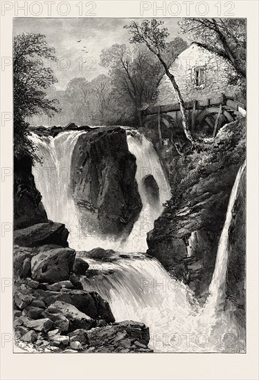 PANDY MILL AND FALL, NEAR BETTWS-Y-COED, NORTH WALES, UK, U.K., Britain, British, Europe, United Kingdom, Great Britain, European, 19th century engraving