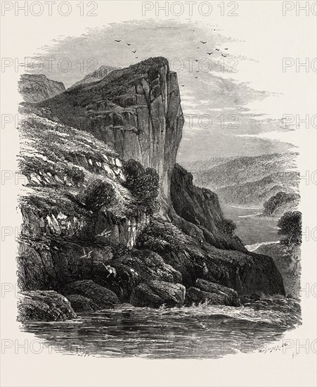 Shepherd's Crag, on the Llugwy, North Wales, UK, U.K., Britain, British, Europe, United Kingdom, Great Britain, European, 19th century engraving