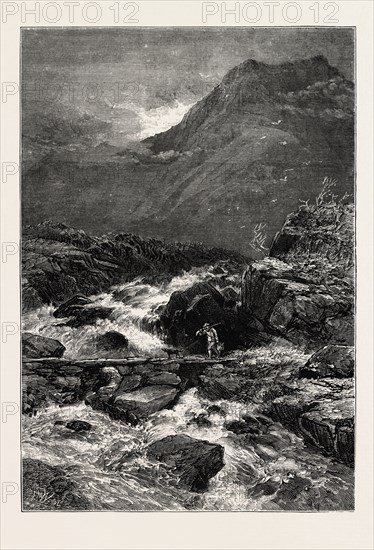 THE STREAM FROM LLYN IDWAL, North Wales, UK, U.K., Britain, British, Europe, United Kingdom, Great Britain, European, 19th century engraving