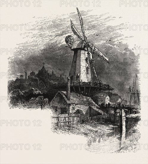 An old windmill at Rye, the south coast, UK, U.K., Britain, British, Europe, United Kingdom, Great Britain, European, 19th century engraving