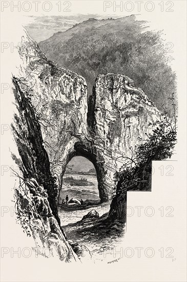 Reynard's cave, Dove Dale, the dales of Derbyshire, country, UK, U.K., Britain, British, Europe, United Kingdom, Great Britain, European, 19th century engraving