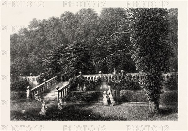 Haddon Hall, The terrace, UK, Great Britain, United Kingdom, 19th century engraving